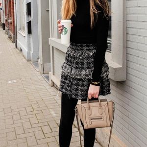 Zara Black Tweed Frayed High Rise Skirt